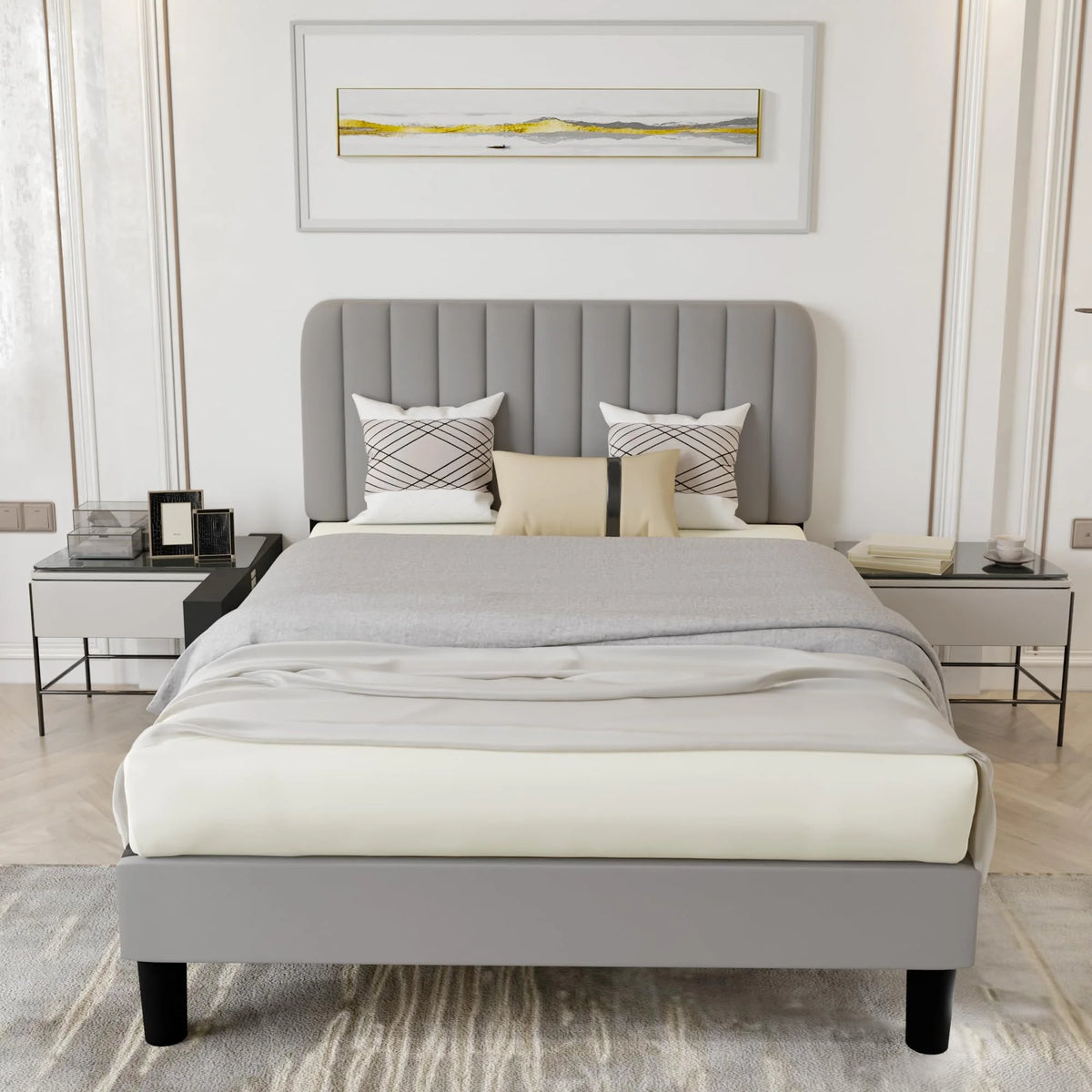 Queen Size Platform Bed Frame with Headboard Grey E172