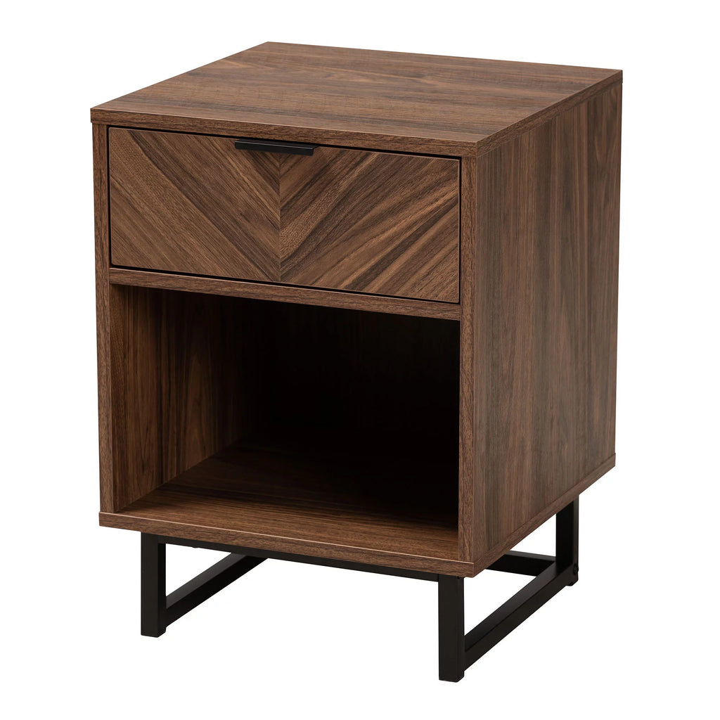 Walnut Brown Wood and Black Metal 1-Drawer End Table L27993