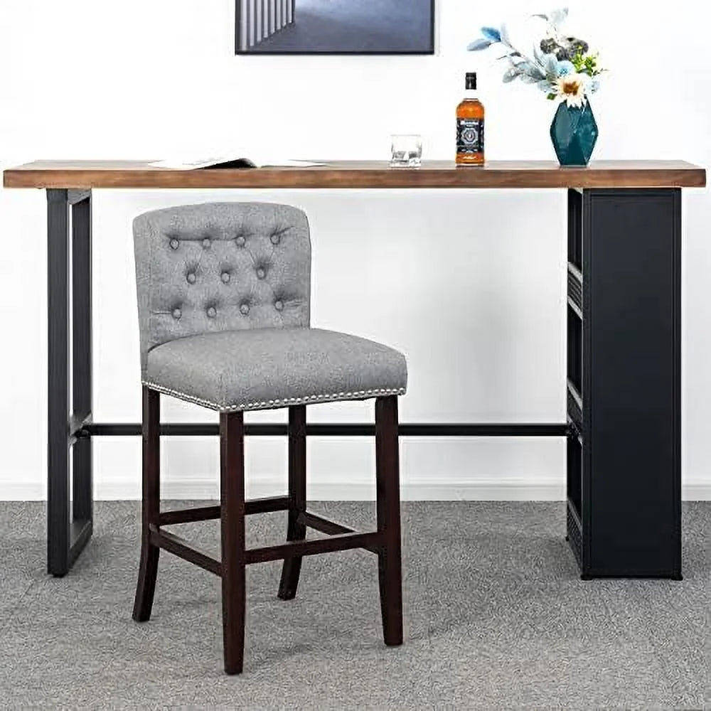 Linen Fabric Button Tufted Bar Stool with Back Solid Wood Legs D22451