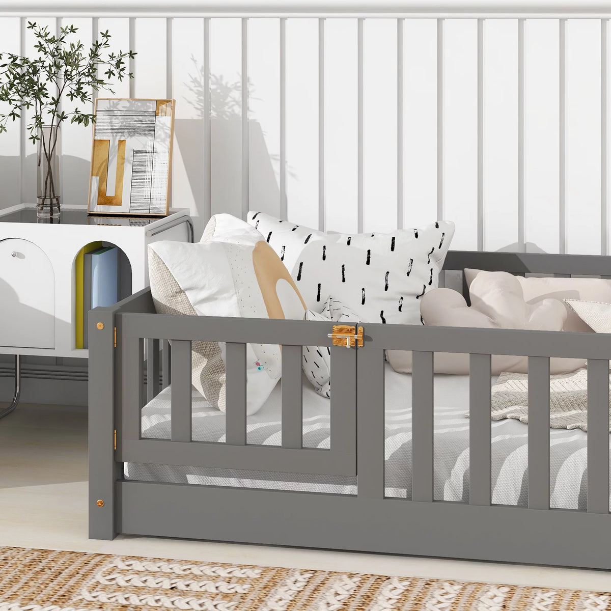 Twin Size Solid Wood Floor Platform Bed with Fence and Door X134