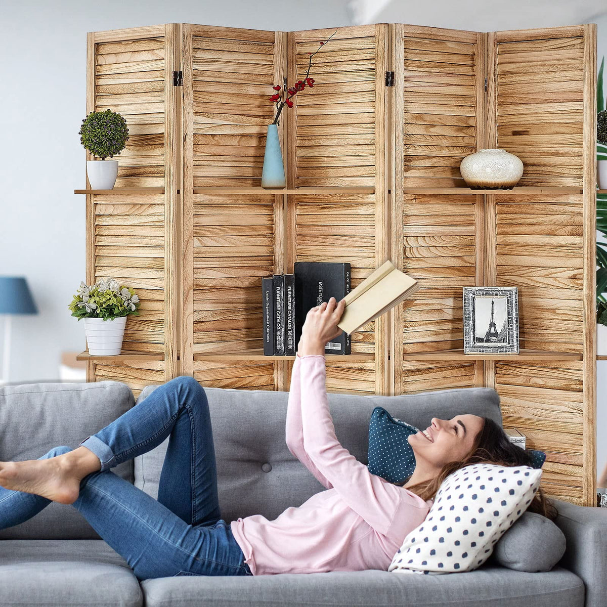 5 Panel Wood Folding Room Divider with Shelves A20847