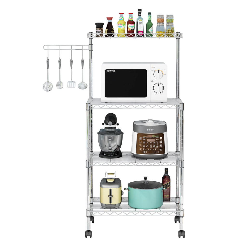 4-Tier Chrome Kitchen Storage Rack with Hanging Hooks U6796