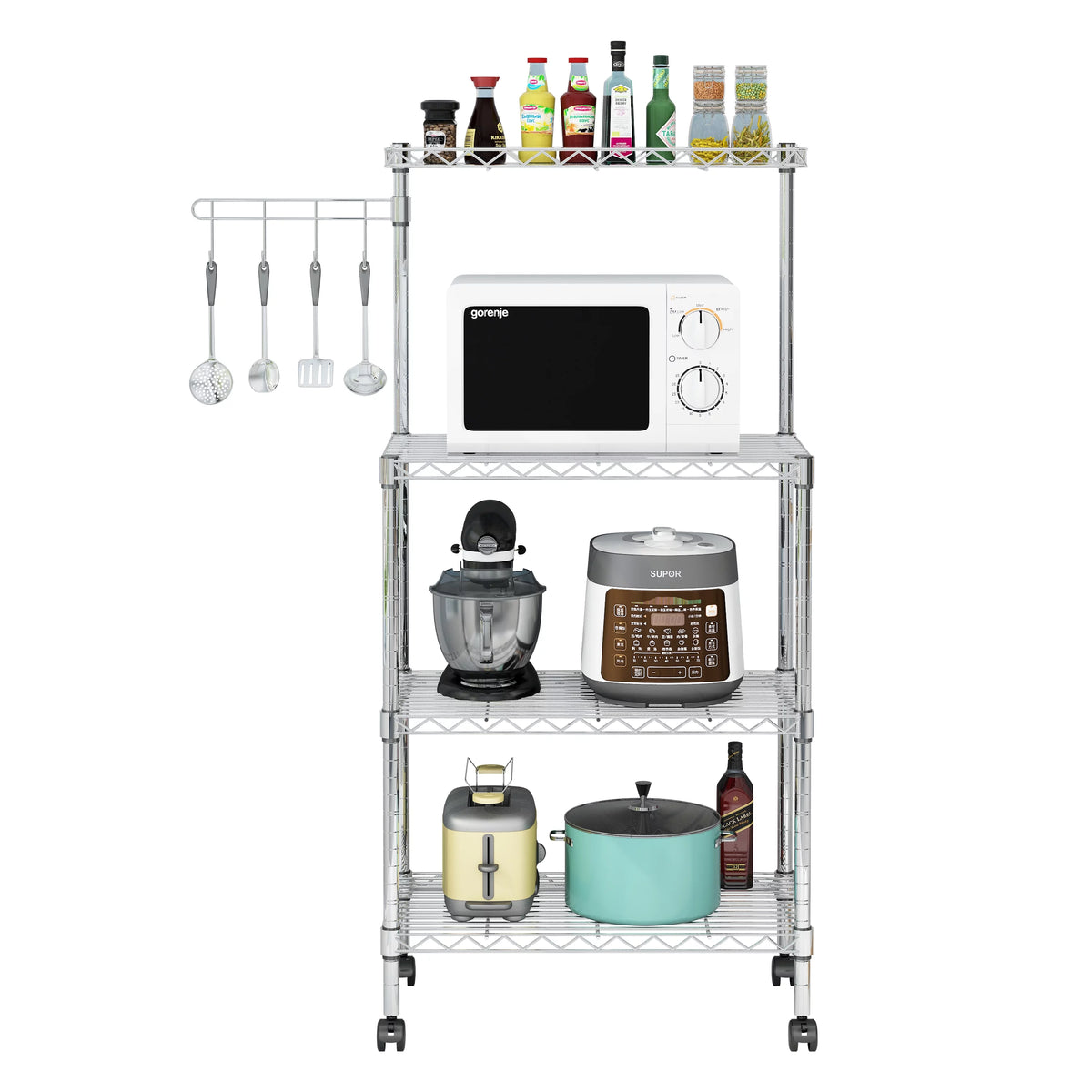 4-Tier Chrome Kitchen Storage Rack with Hanging Hooks U6796