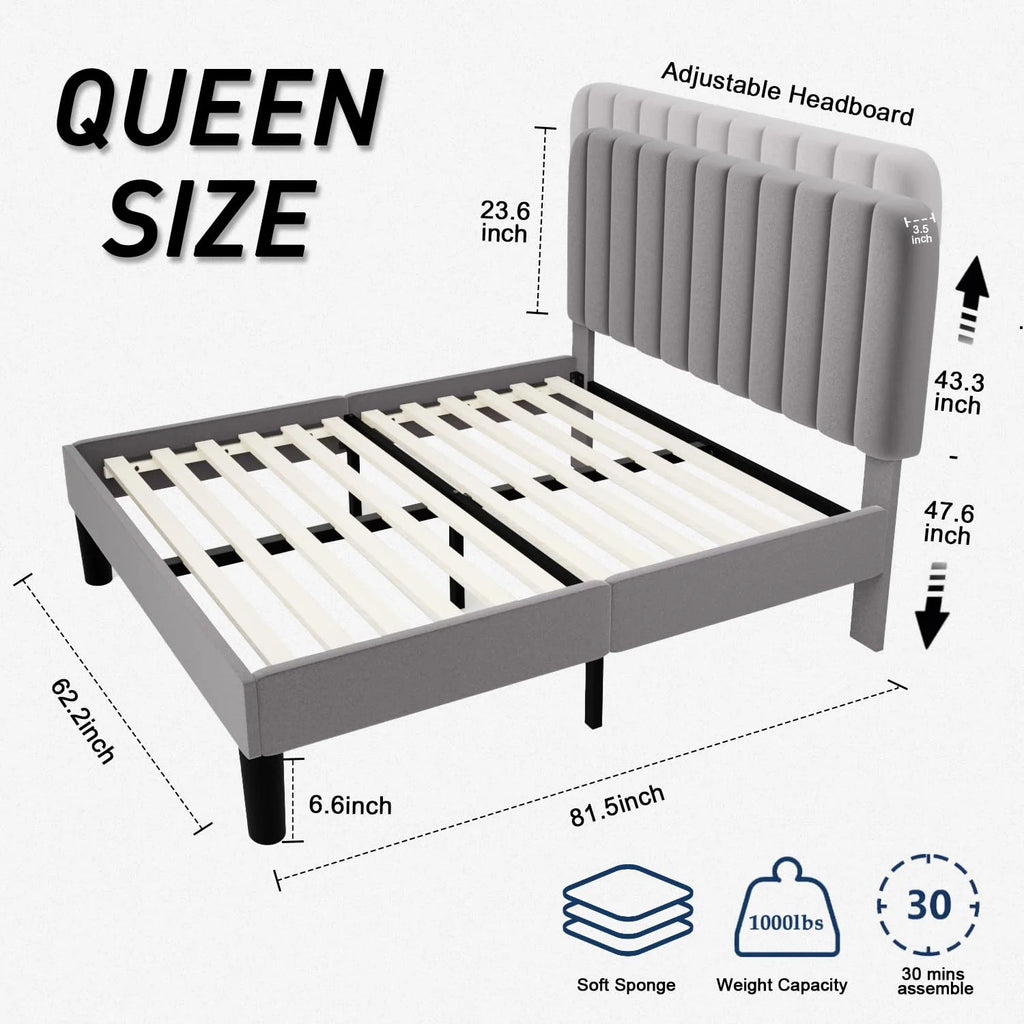 Queen Size Platform Bed Frame with Headboard Grey E172