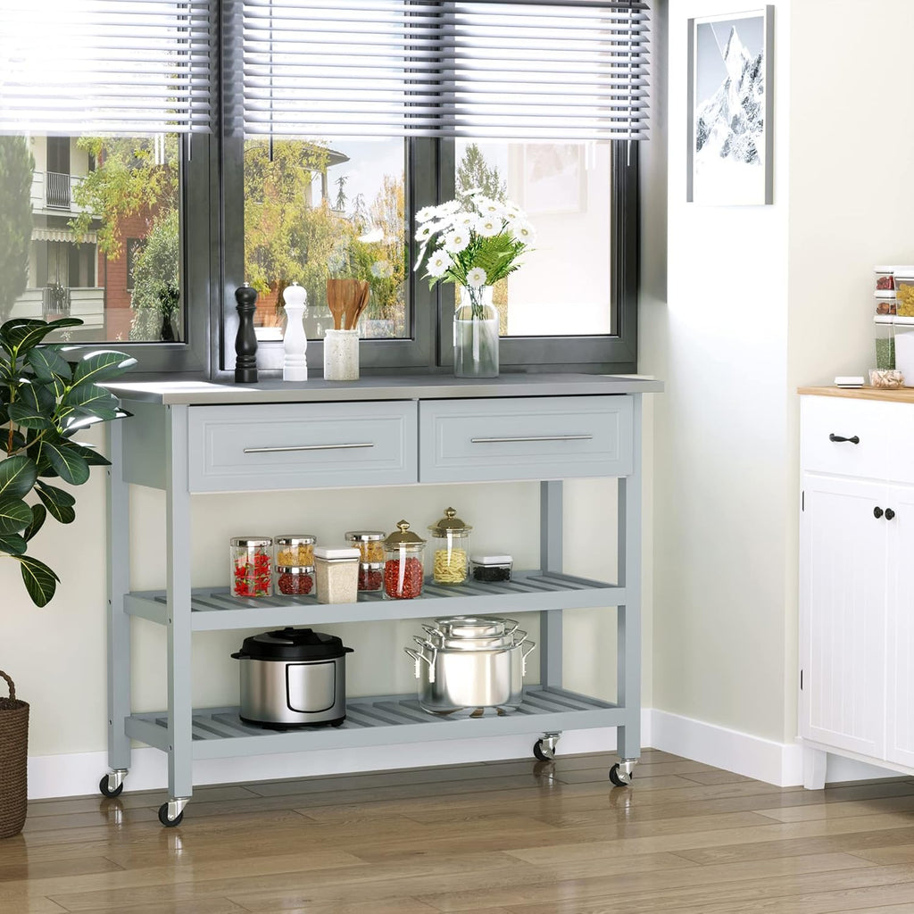 Grey Stainless Steel Top Rolling Utility Cart with Drawers and Shelves T55138