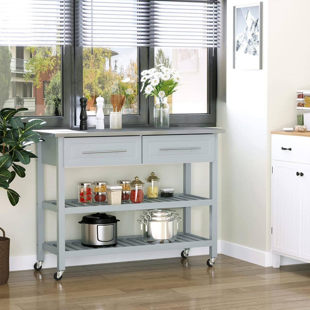 Grey Stainless Steel Top Rolling Utility Cart with Drawers and Shelves T55138