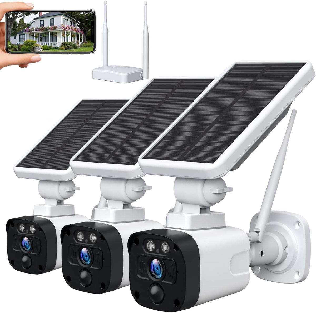 Solar Security Camera System Outdoor Wireless WiFi 4 Pack, 1080P Solar Powered Security Camera, 2-Way Audio, Night Vision, PIR Motion Detection, IP65 Waterproof Q483