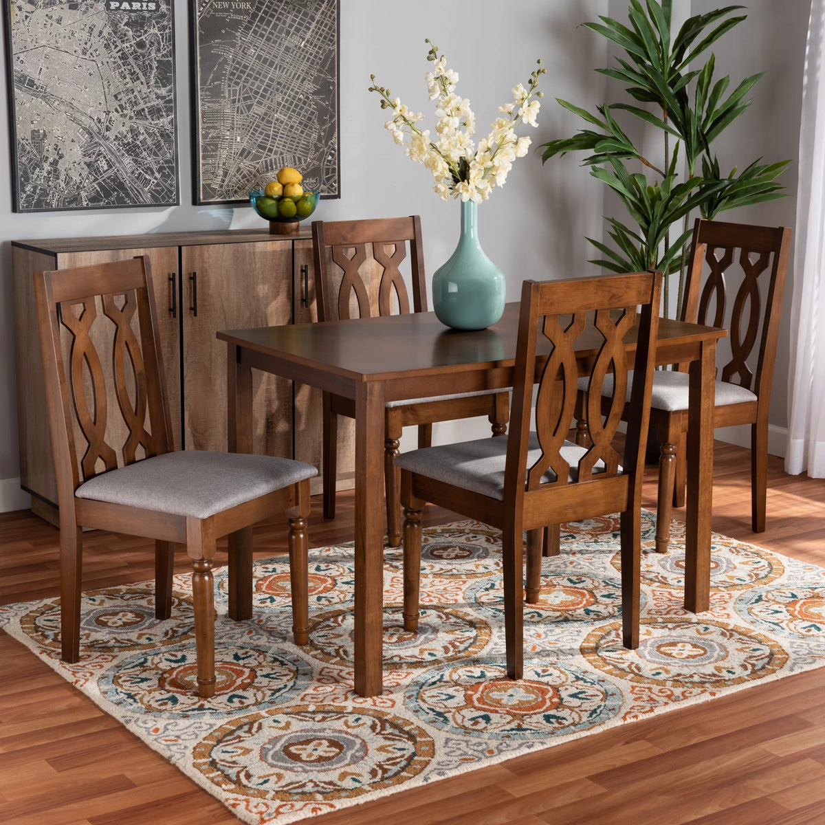Grey Fabric Upholstered 5-Piece Wood Dining Set X103