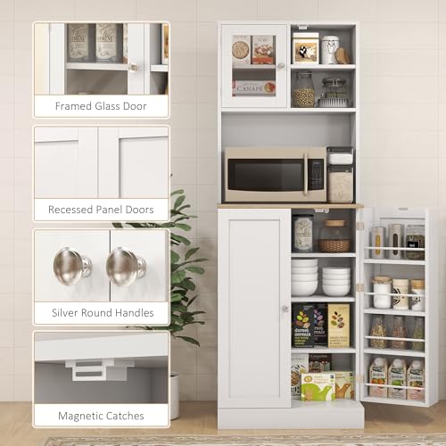 White Kitchen Pantry Cabinet with Microwave Shelf and 8 Door Storage J6451