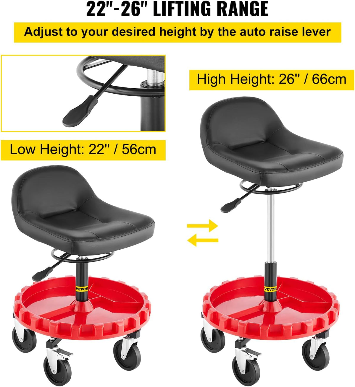 Pneumatic Stool, 400 LBS, 22” to 26” Adjustable Height, Round Shop Stool with Parts Tray R67758