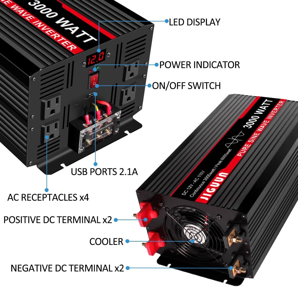 3000 Watt Pure Sine Wave Power Inverter 12V DC to 110V AC with 4 AC Outlets and USB Port O31206