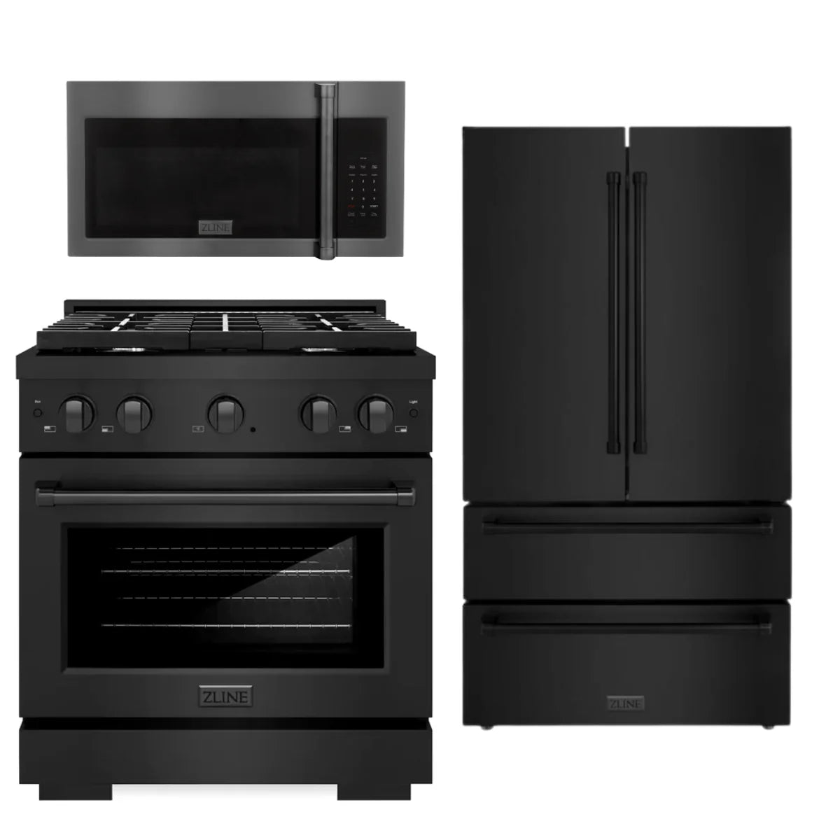 30 in. Gas Range, Microwave, Refrigerator in Black Stainless D27505