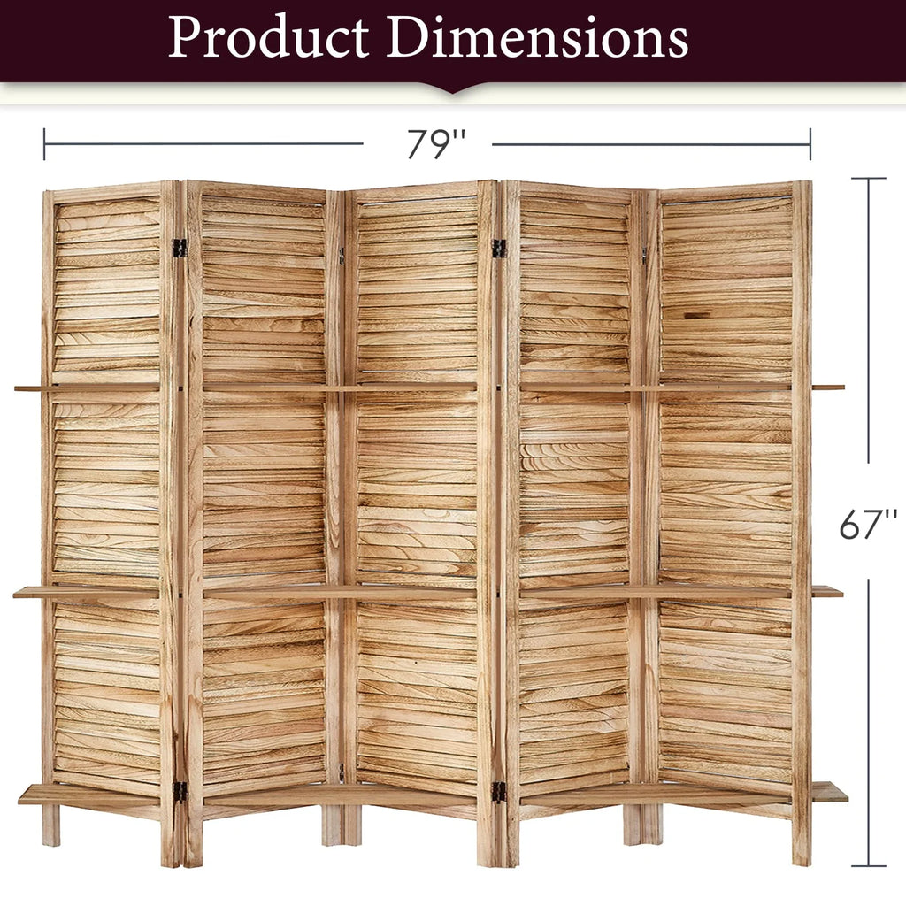 5 Panel Wood Folding Room Divider with Shelves A20847