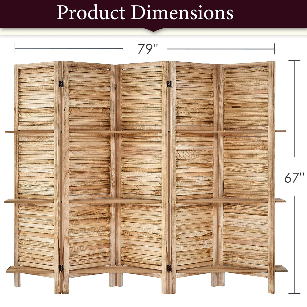 5 Panel Wood Folding Room Divider with Shelves A20847