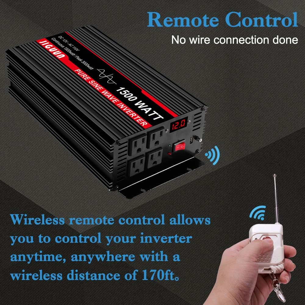 3000 Watt Pure Sine Wave Power Inverter 12V DC to 110V AC with 4 AC Outlets and USB Port O31206