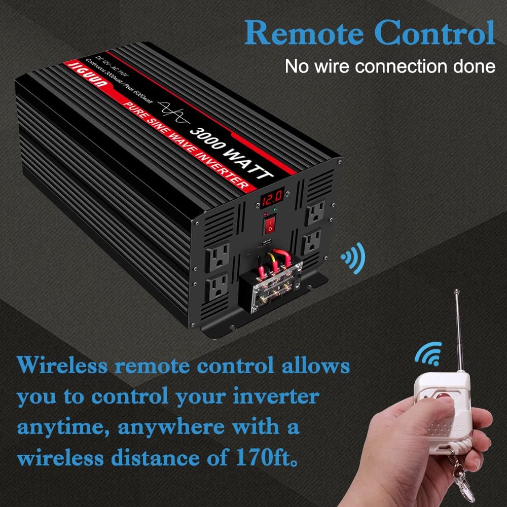 3000 Watt Pure Sine Wave Power Inverter 12V DC to 110V AC with 4 AC Outlets and USB Port O31206