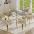 7 PCS Clear Glass Dining Table Set with Beige Woven Chairs Q28275
