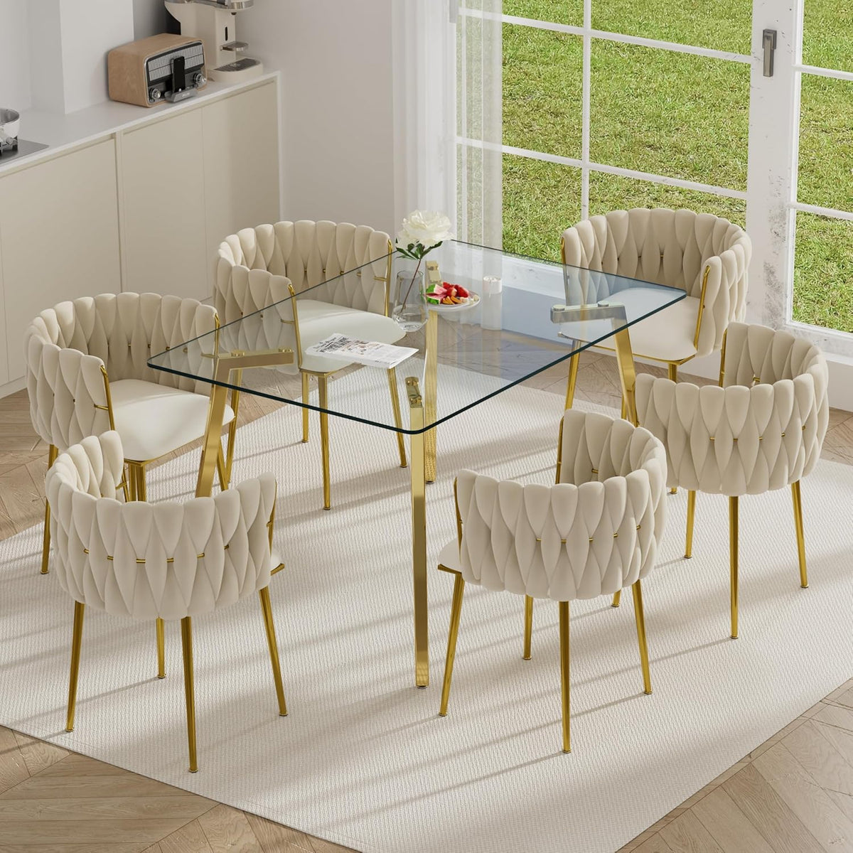 7 PCS Clear Glass Dining Table Set with Beige Woven Chairs Q28275