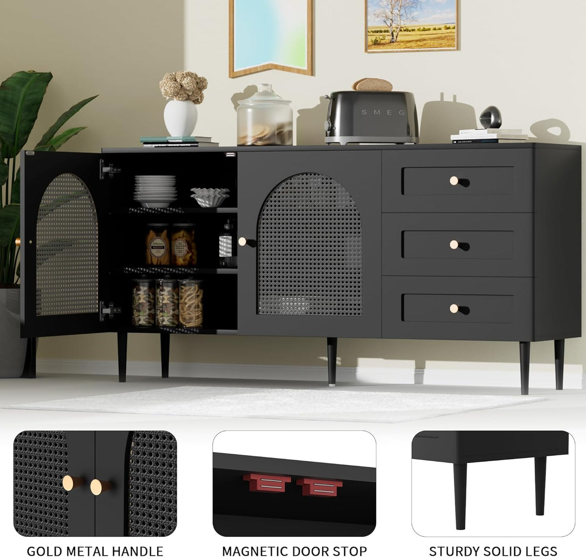 Black Sideboard Buffet Cabinet with 3 Drawers U184