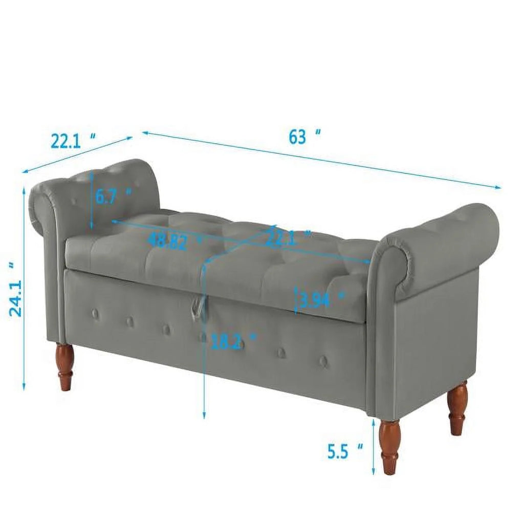 Grey Velvet Storage Bench with Solid Wood Legs W8539
