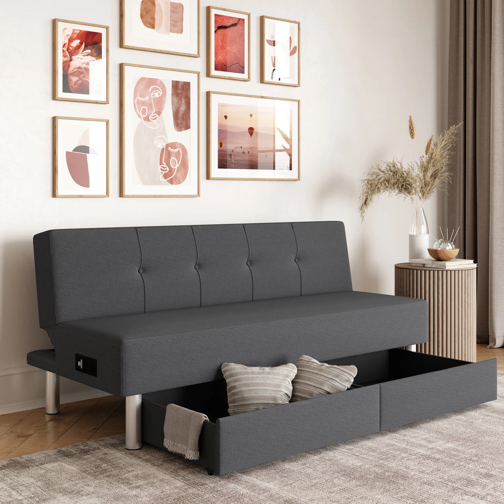 Gray Fabric Futon with Storage and Power E40535