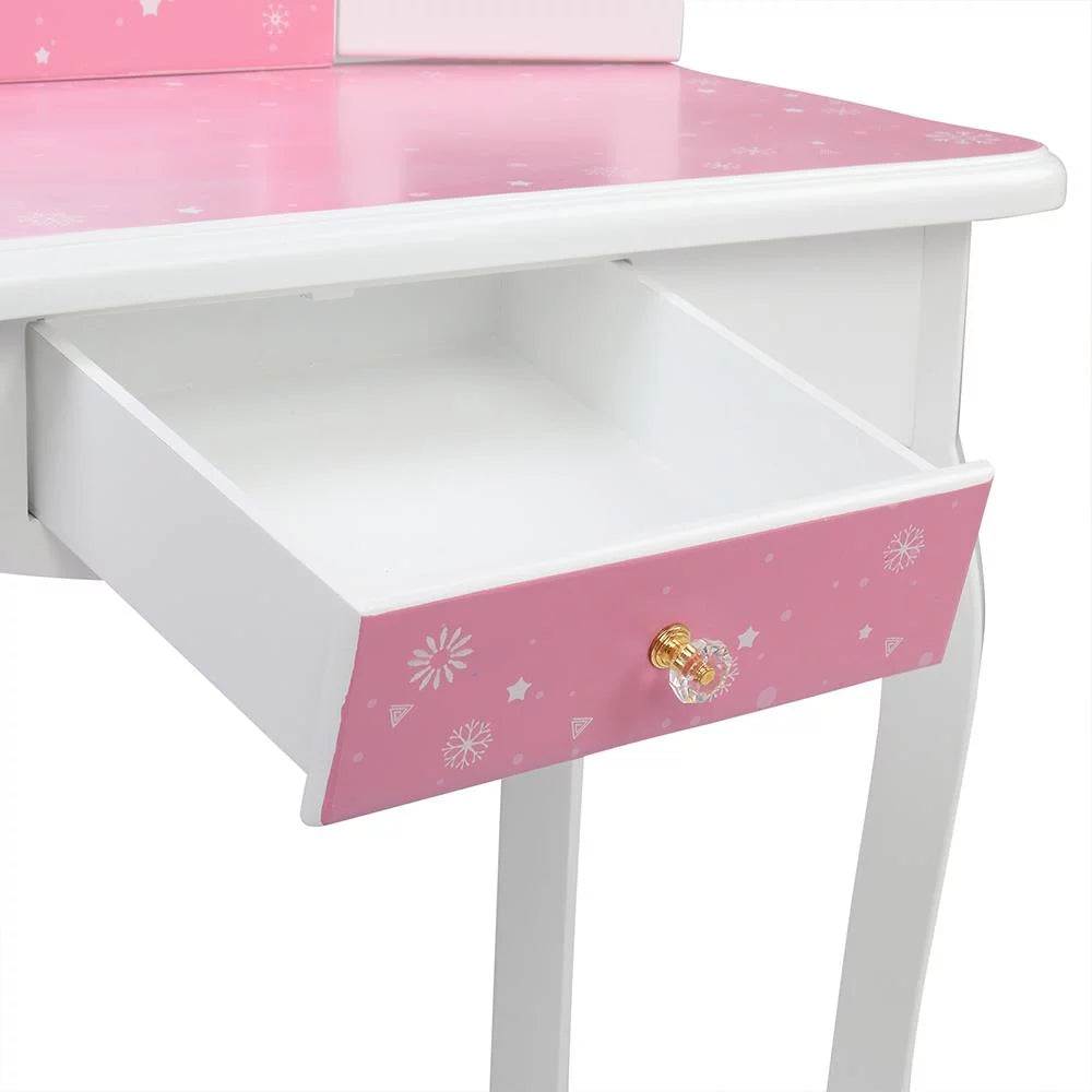 Kids Vanity Table and Chair Set with Mirror and Drawer W131