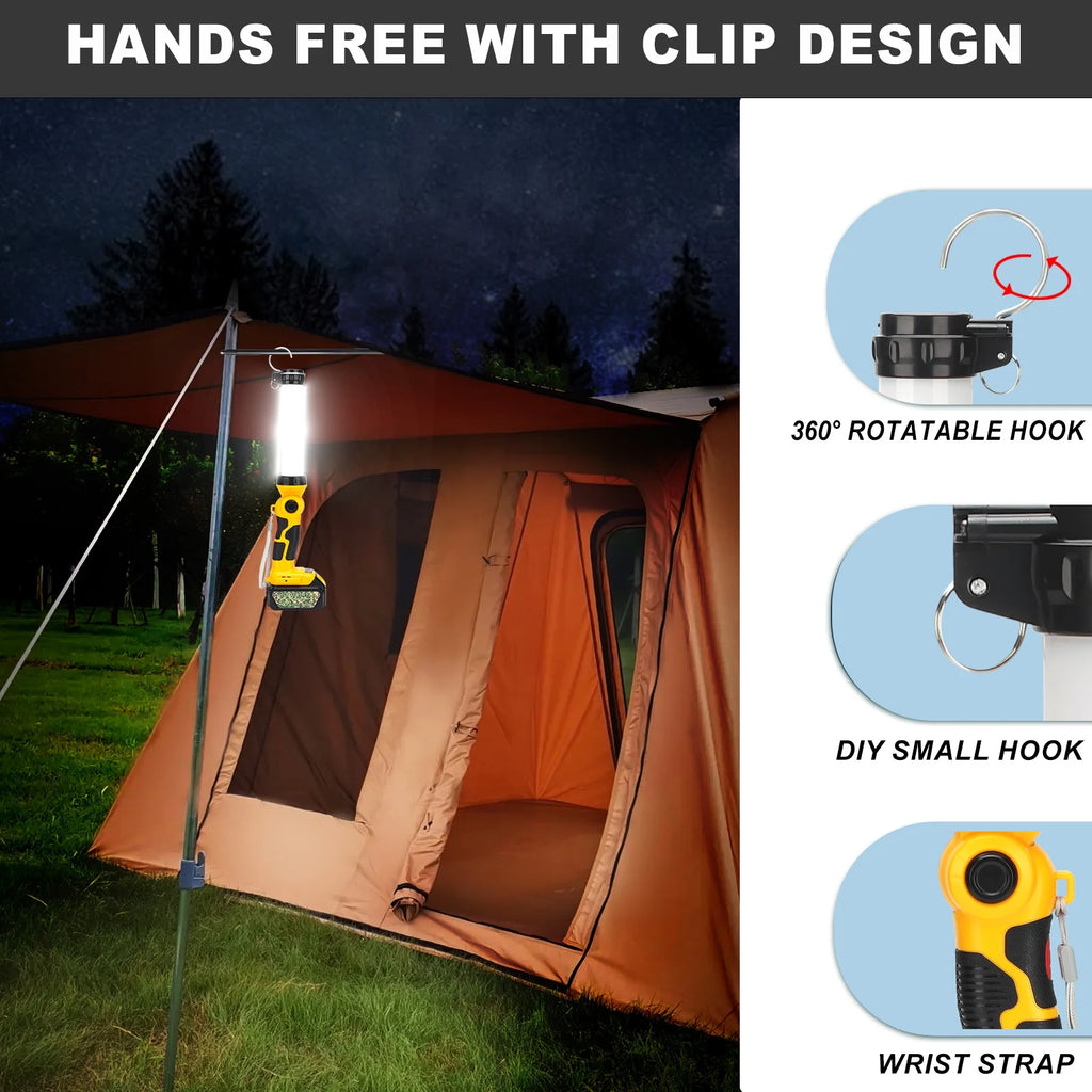 360° Outdoor Camping Lantern with Hooks, 26W 2000LM, for Dewalt 20V Li-ion Battery A18009