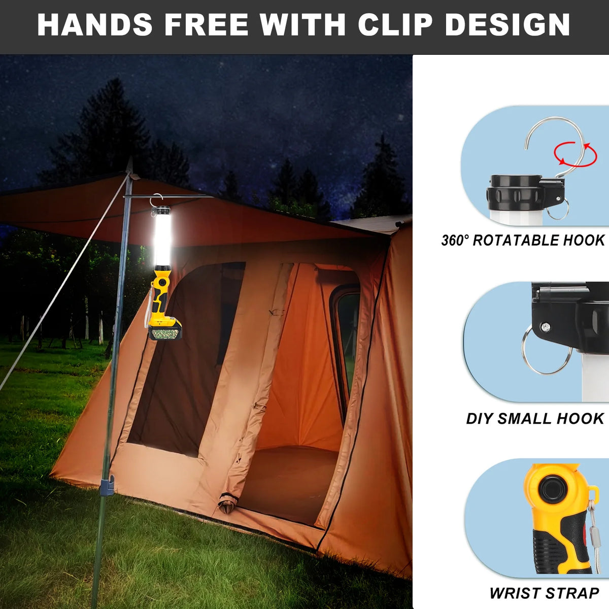 360° Outdoor Camping Lantern with Hooks, 26W 2000LM, for Dewalt 20V Li-ion Battery A18009