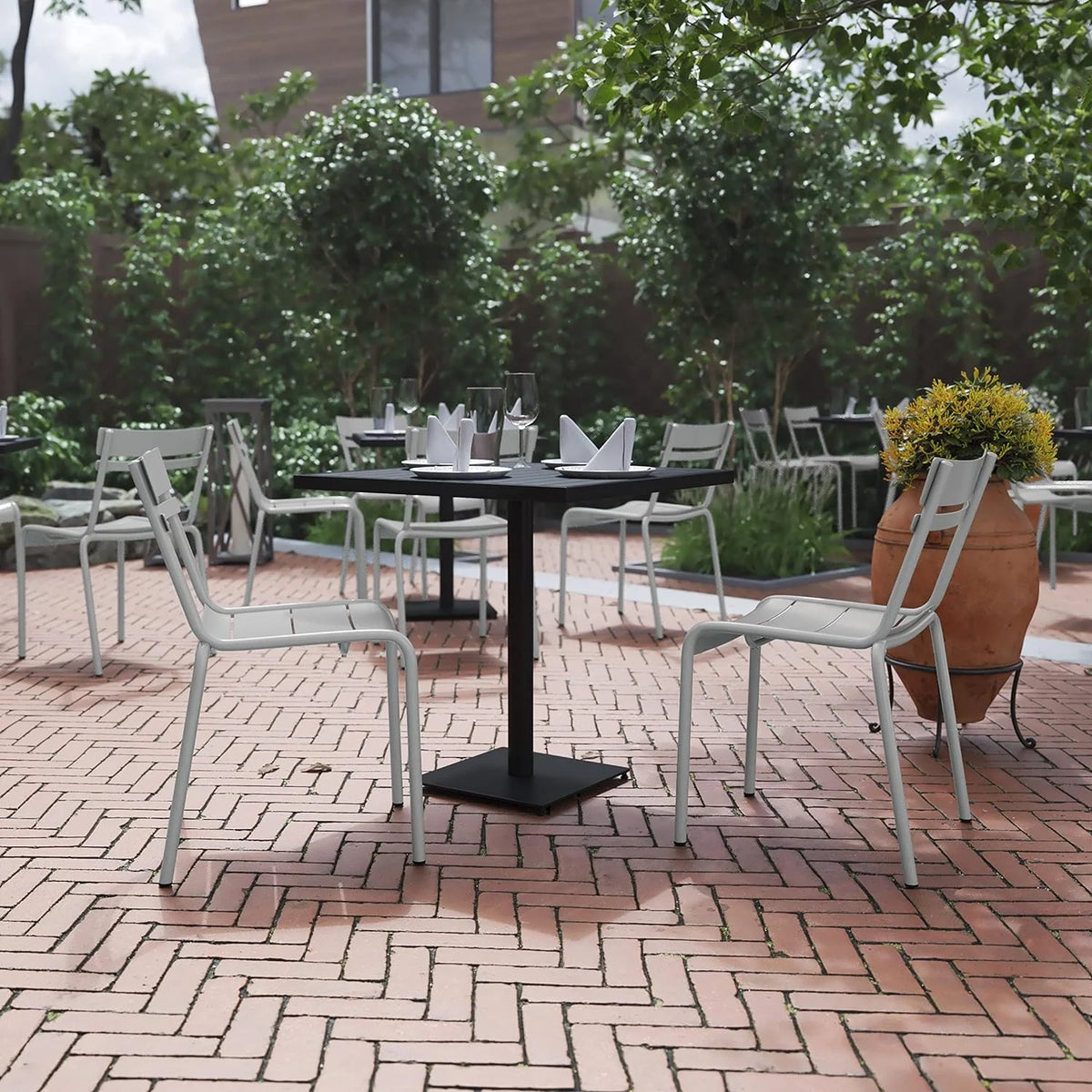 Steel Stack Chair, Indoor-Outdoor Armless Chair With 2 Slat Back In Silver, Set Of 2 J152