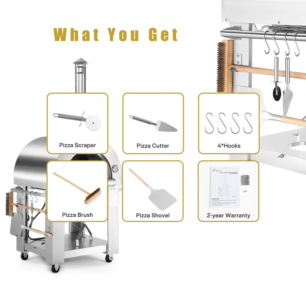 Wood or Gas Burning Outdoor Pizza Oven with Accessories in Stainless Steel I939