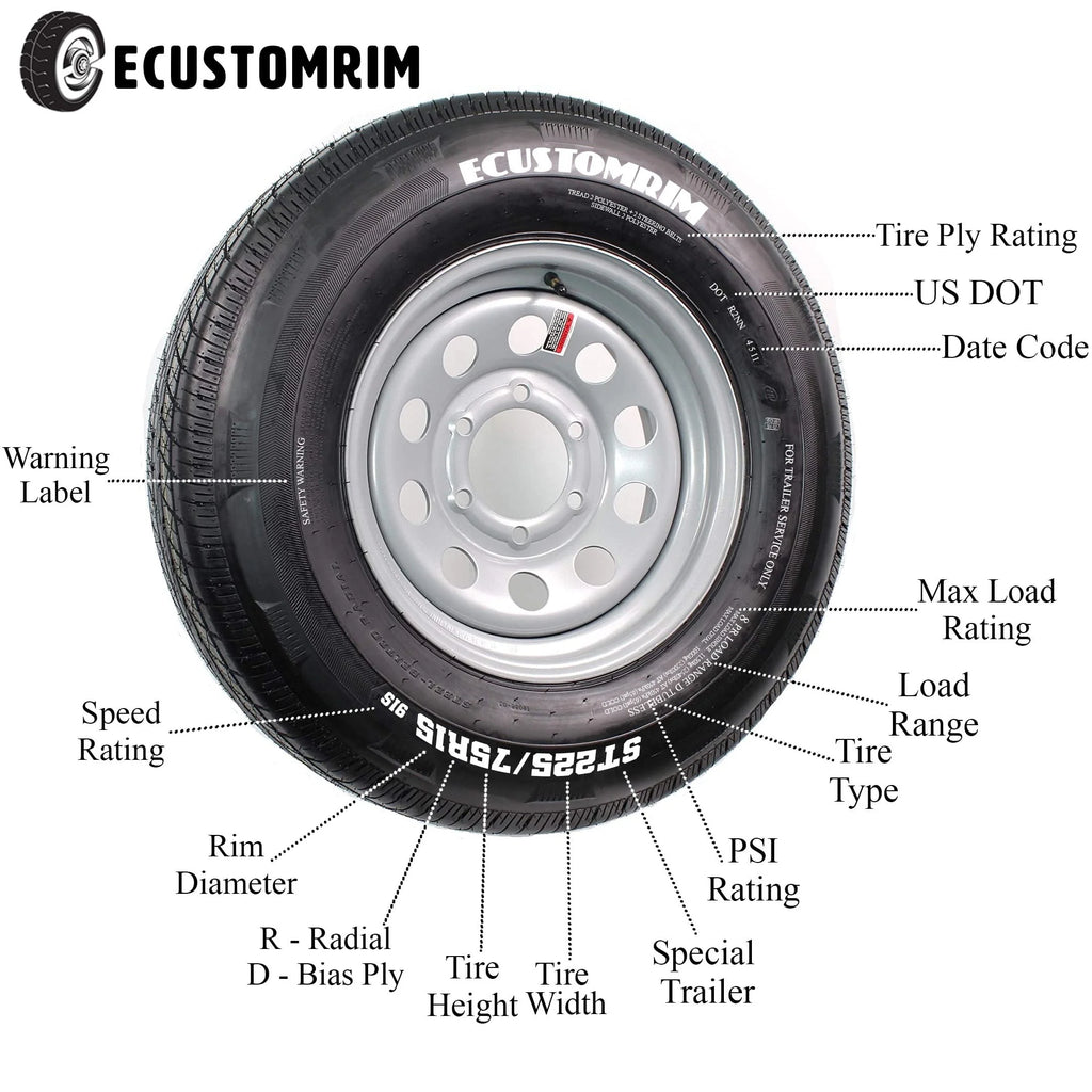 ST225/75R15 15 D 6 Lug White Spoke Trailer Tire On Rim Y85365