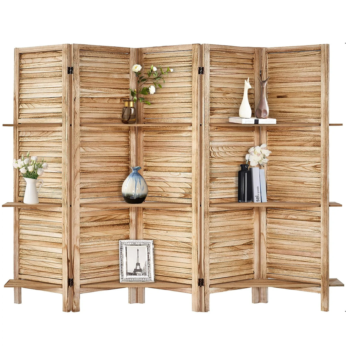 5 Panel Wood Folding Room Divider with Shelves A20847