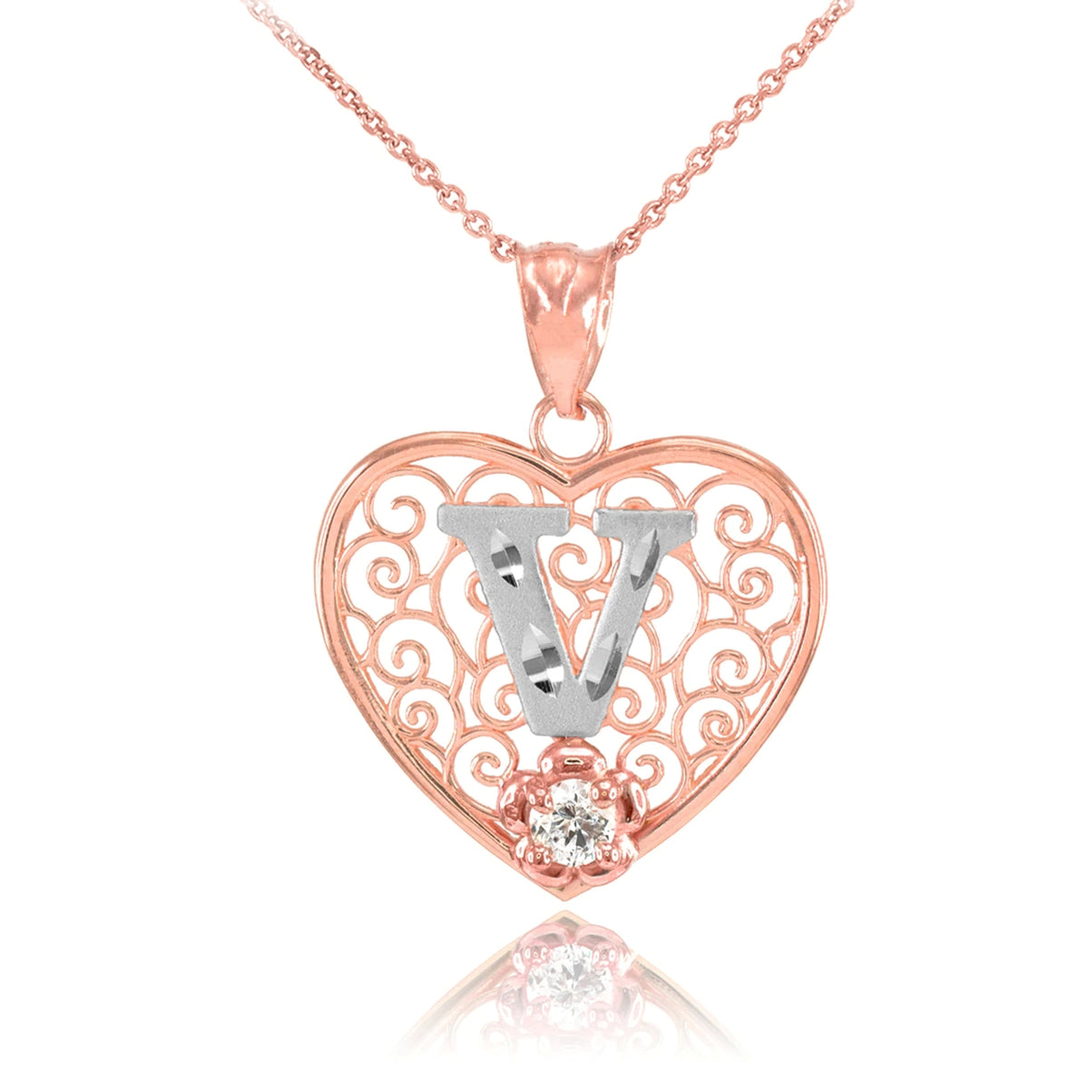 Rose Gold Filigree Heart Initial CZ Pendant Necklace with 20" Chain S976887