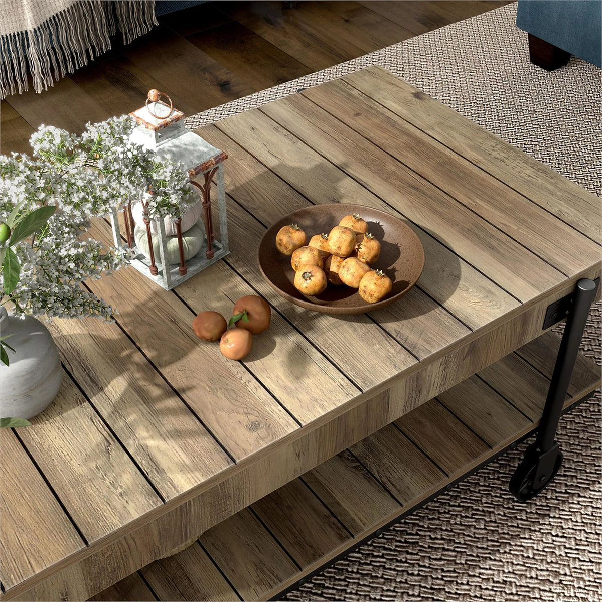 Rustic Oak 3-Piece Coffee Table Set with Wheels T417