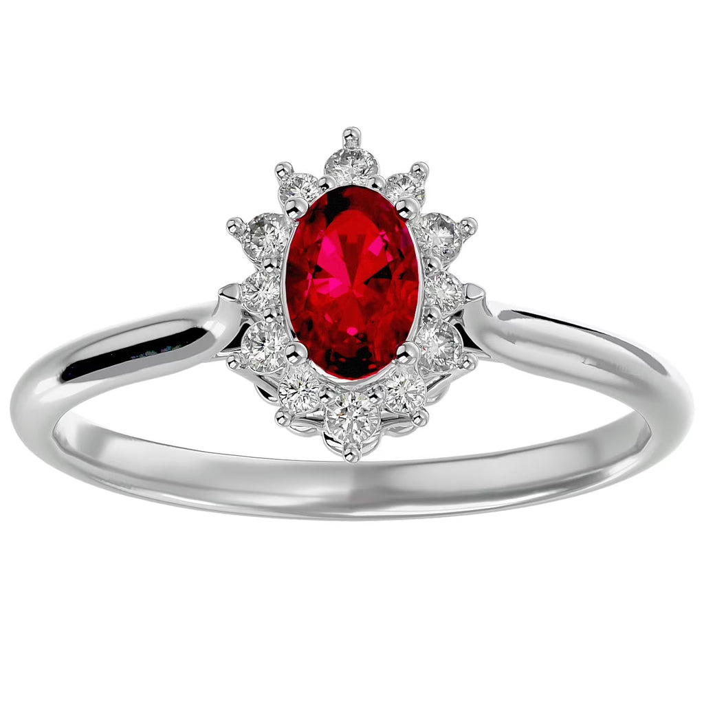Oval Shape Created Ruby and Halo Diamond Ring In Sterling Silver S9130