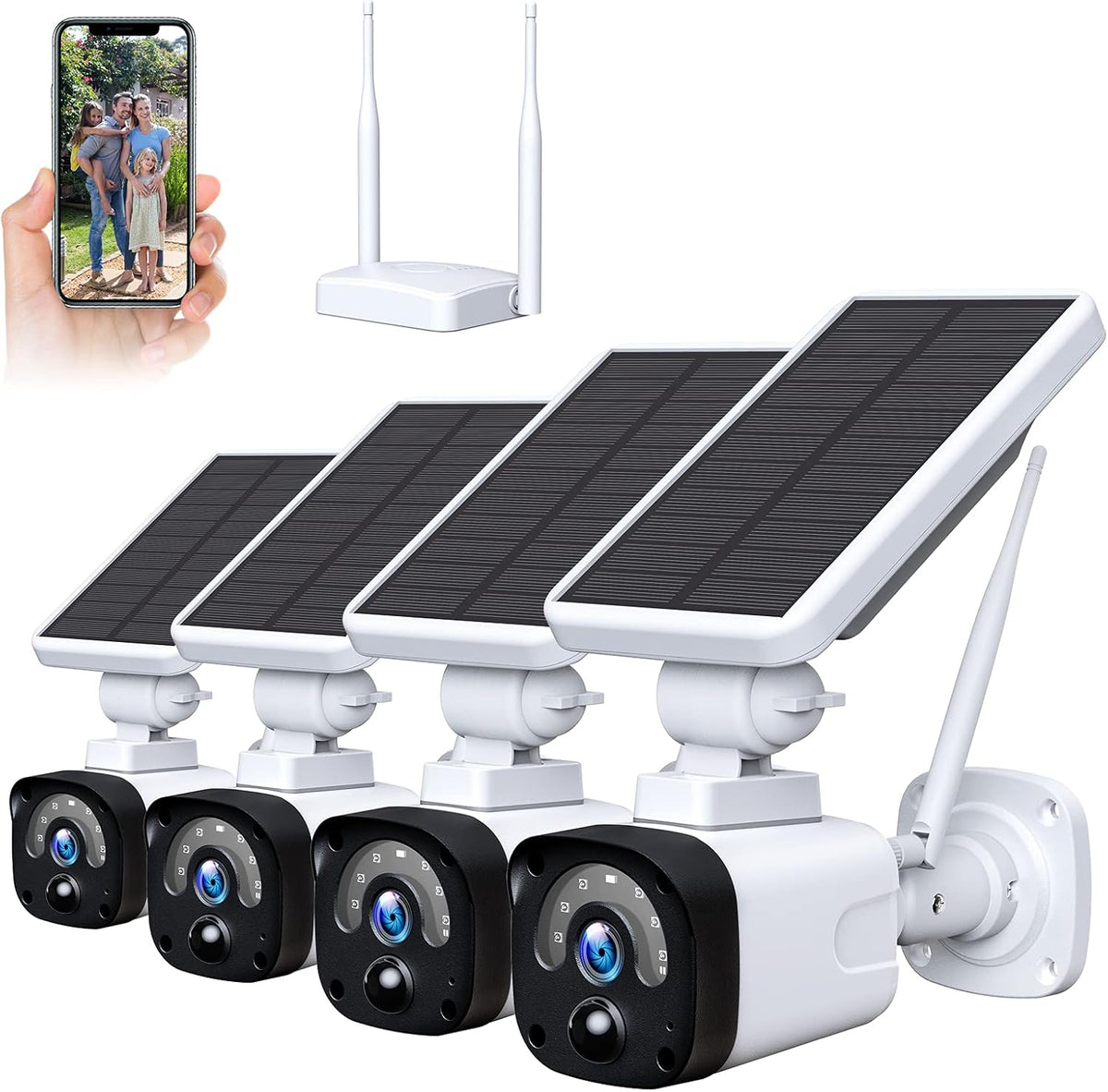 Solar Security Camera System Outdoor Wireless WiFi 4 Pack, 1080P Solar Powered Security Camera, 2-Way Audio, Night Vision, PIR Motion Detection, IP65 Waterproof Q483