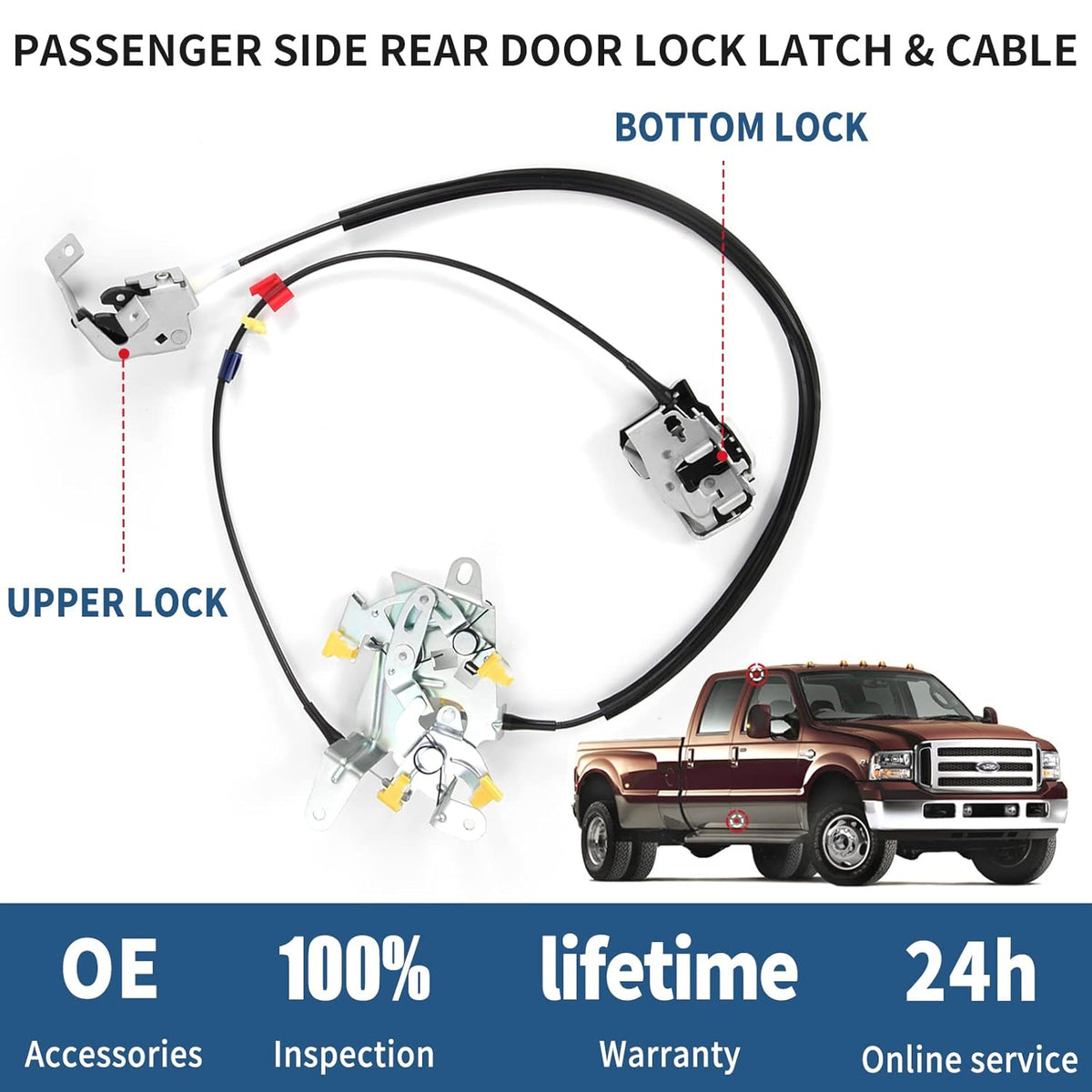 Right Passenger Side Rear Door Lock Latch & Cable for Ford F250 F350 F450 F550 Super Duty 1999-2007, Upper and Lower Latches Assembly, Pack of 2 Q904507