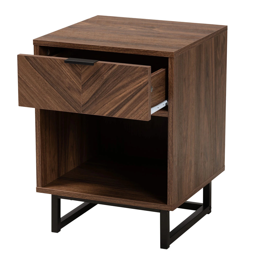 Walnut Brown Wood and Black Metal 1-Drawer End Table L27993