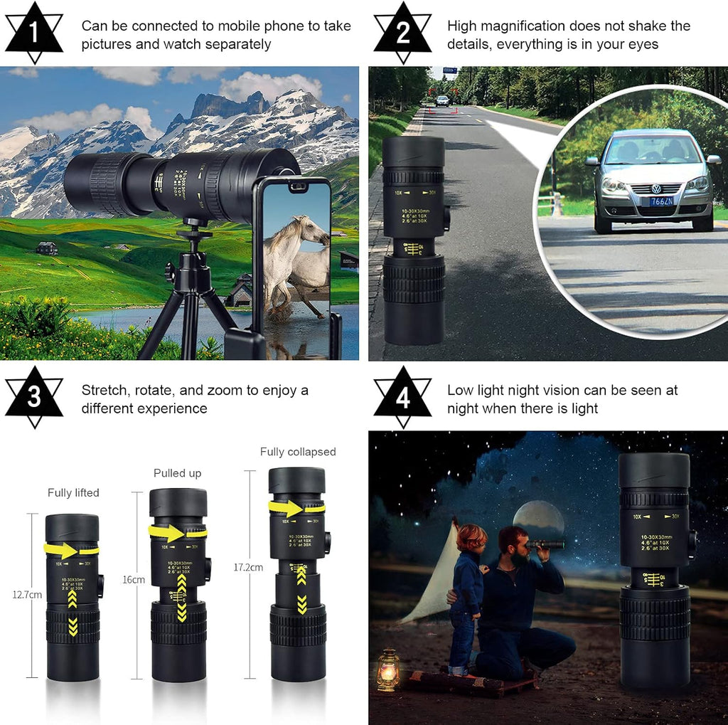 4k 10-300x40mm Super Telephoto Zoom Monocular Telescope with Phone Adapter Tripod I9783