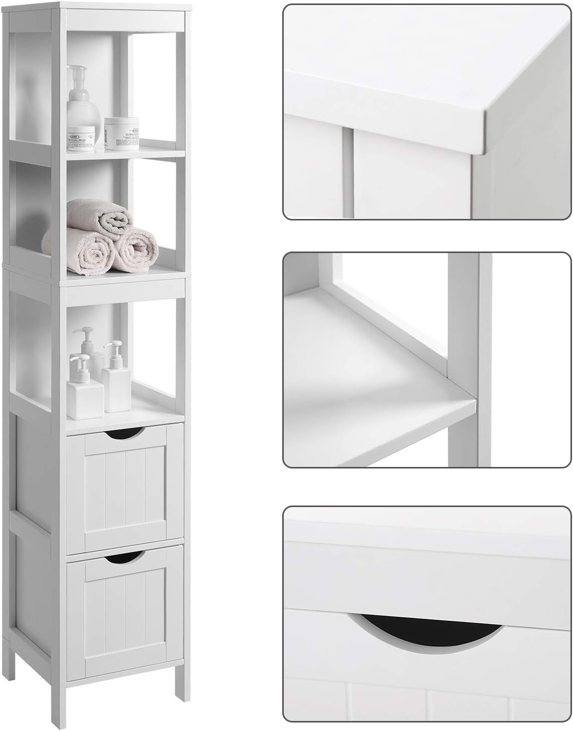 White Tall Cabinet with 2 Drawers and 3 Open Shelves F45009
