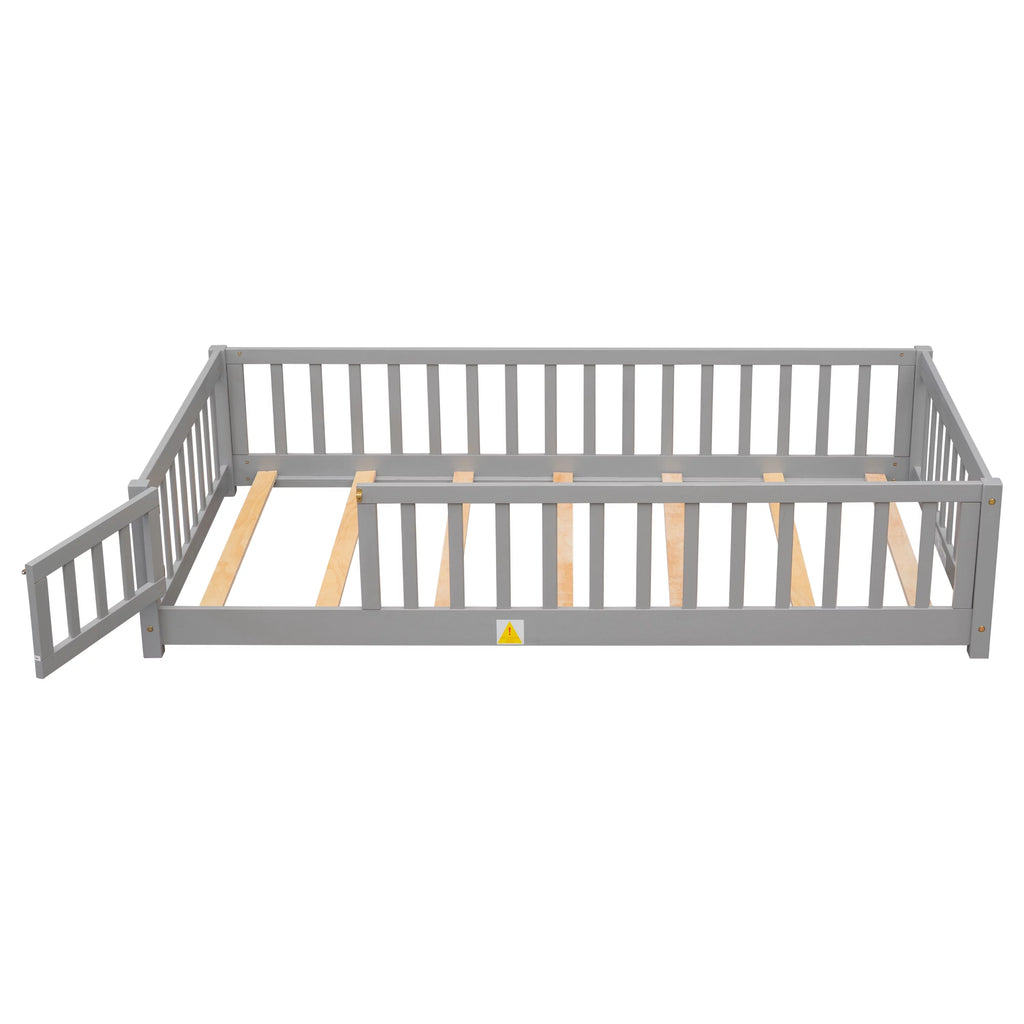 Twin Size Solid Wood Floor Platform Bed with Fence and Door X134
