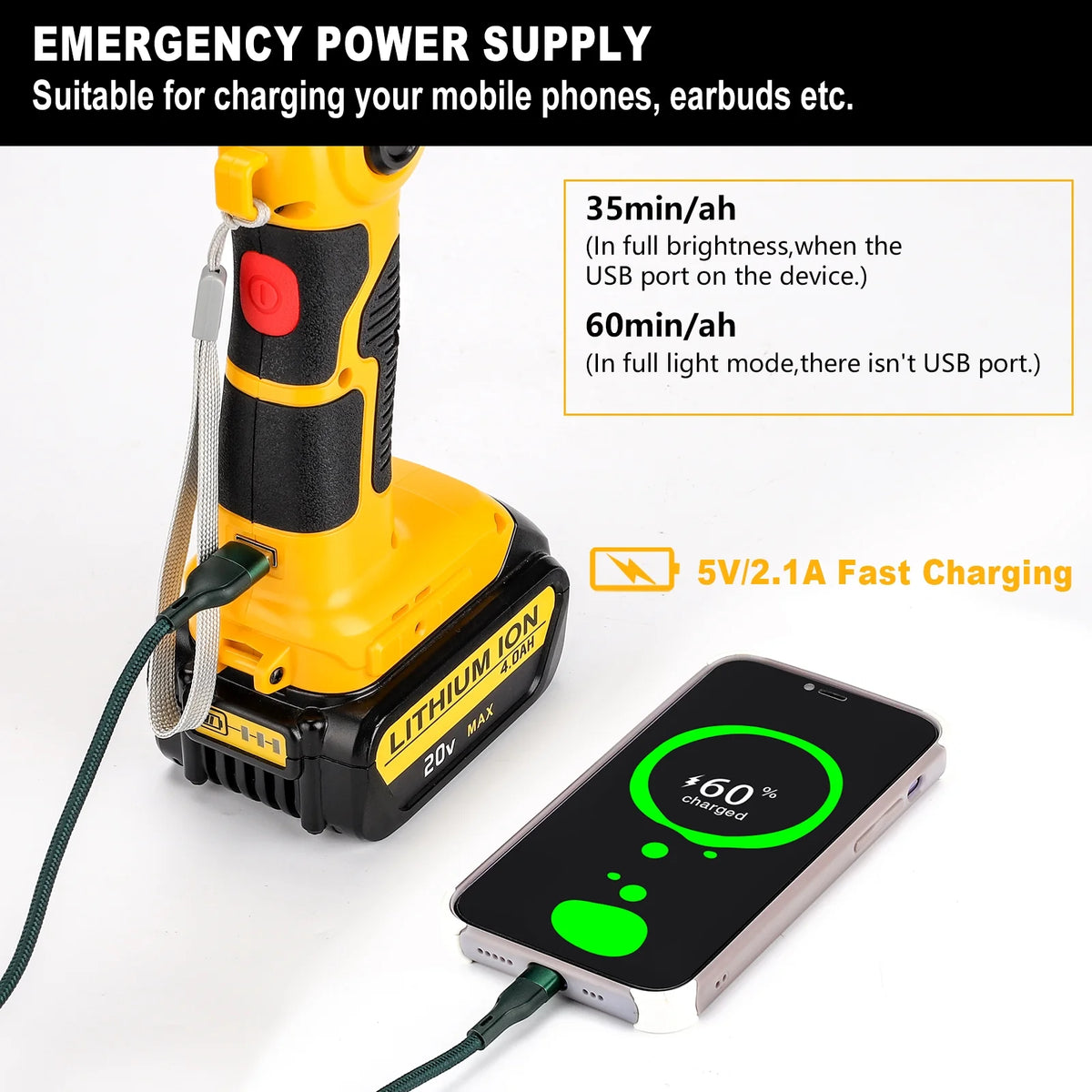 360° Outdoor Camping Lantern with Hooks, 26W 2000LM, for Dewalt 20V Li-ion Battery A18009