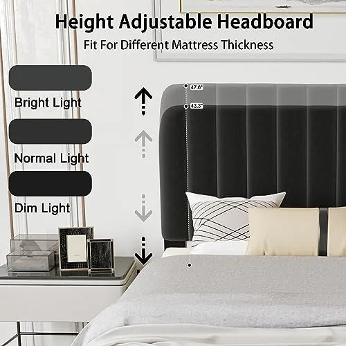 Queen Size Platform Bed Frame with Headboard Grey E172