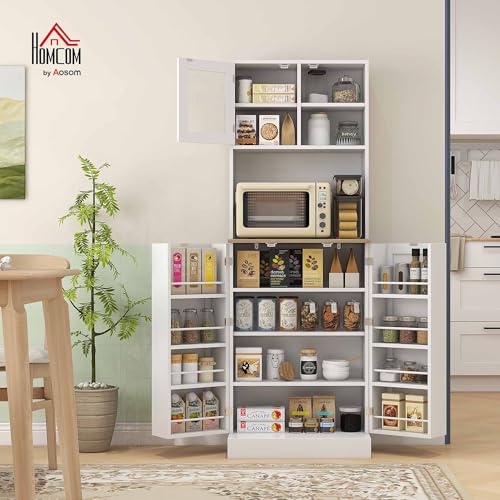 White Kitchen Pantry Cabinet with Microwave Shelf and 8 Door Storage J6451