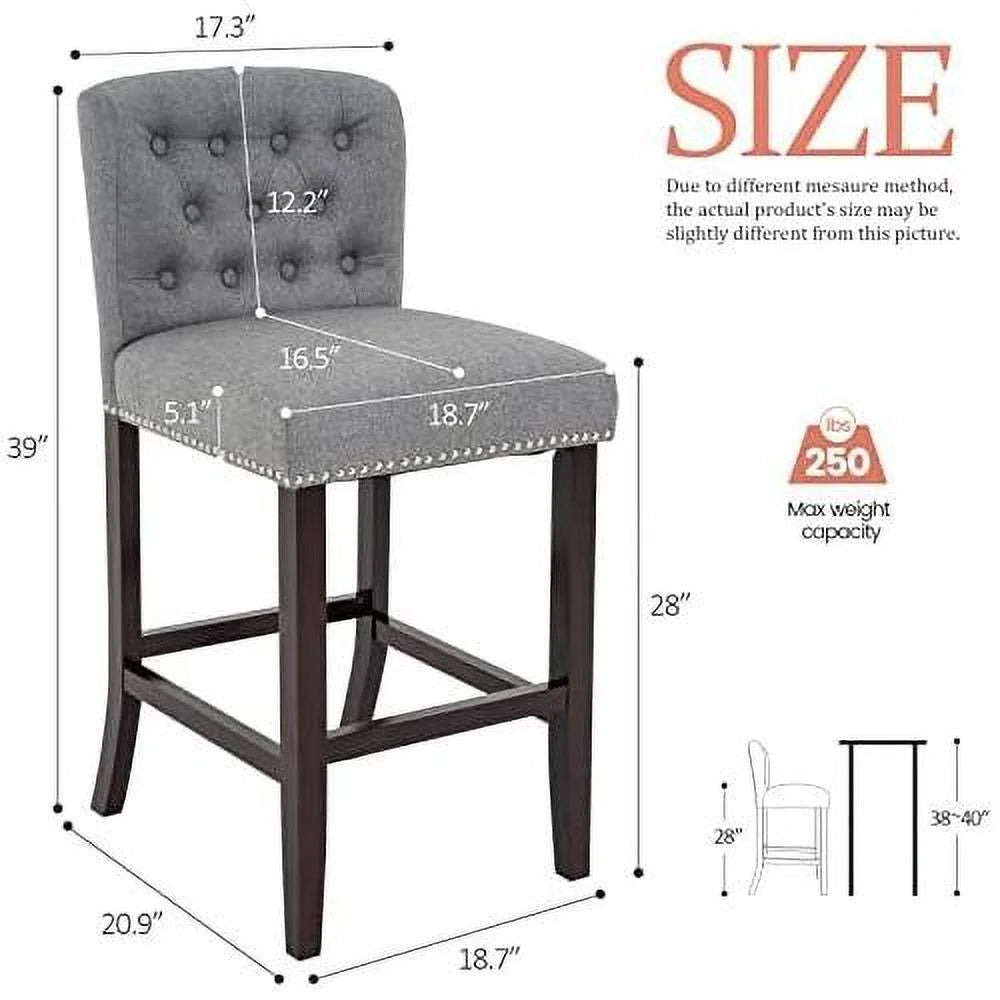 Linen Fabric Button Tufted Bar Stool with Back Solid Wood Legs D22451
