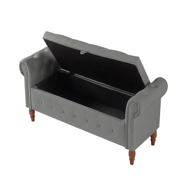Grey Velvet Storage Bench with Solid Wood Legs W8539