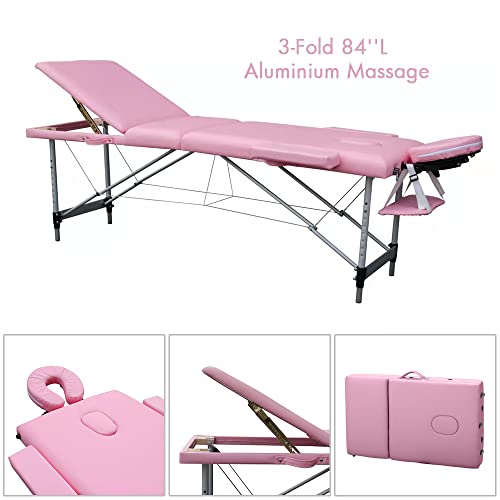 Pink 84in 3 Folding Aluminum Frame Portable Massage Bed E6110