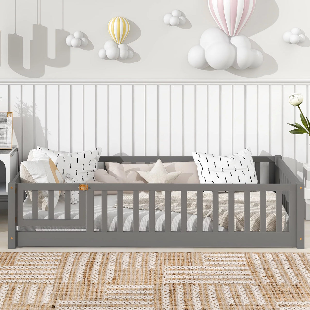 Twin Size Solid Wood Floor Platform Bed with Fence and Door X134