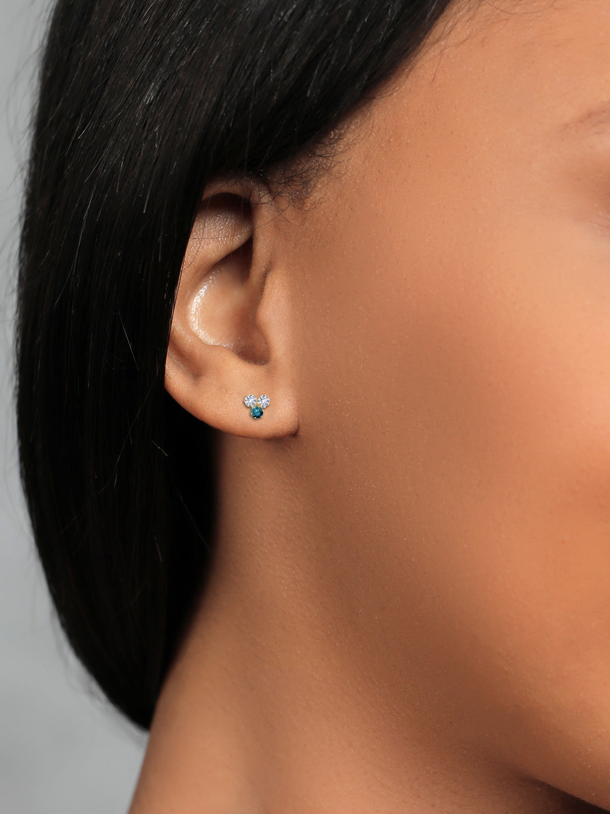14K Yellow Gold White Created Sapphire and Blue Diamond Three Stone Stud Earrings M779896