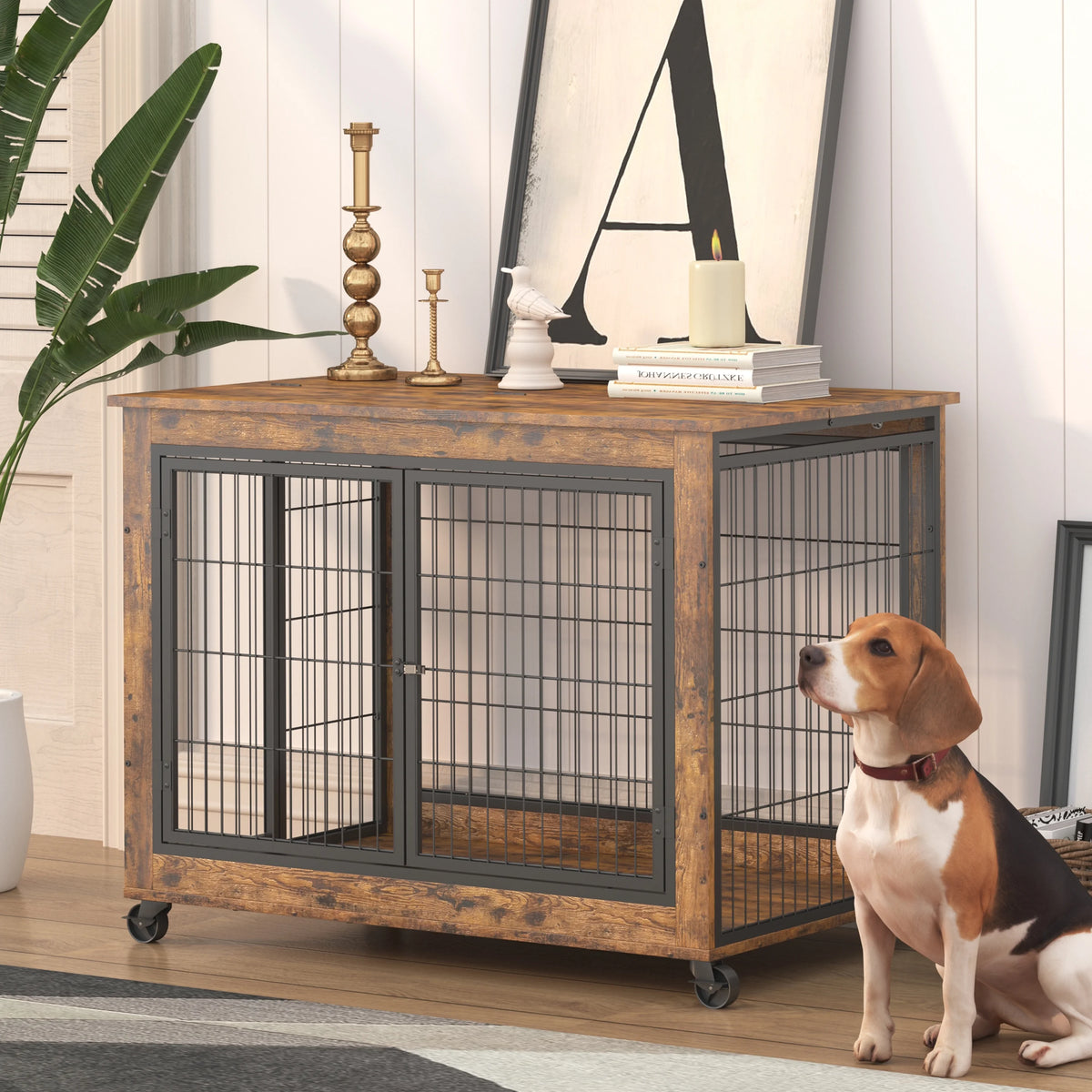Wooden Dog Crate with Double Doors and Lift Top B13092